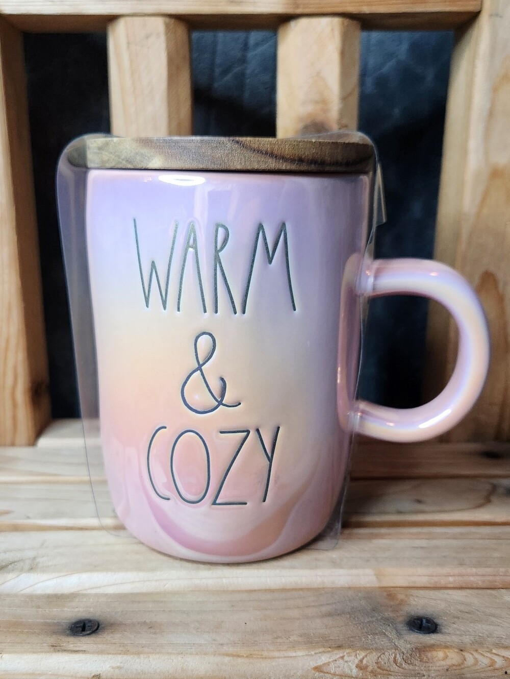 Rae Dunn Iridescent Pink WARM & COZY Mug With Lid Artisan Collection By Magenta
